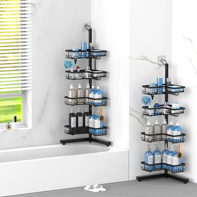 KEGII Floor Shower Caddy Standing – 4-Tier Corner Shower Organizer with Hooks & Soap Holder, Free-Standing Bathroom Storage Rack for Shampoo & Toiletries, Black - Image 5