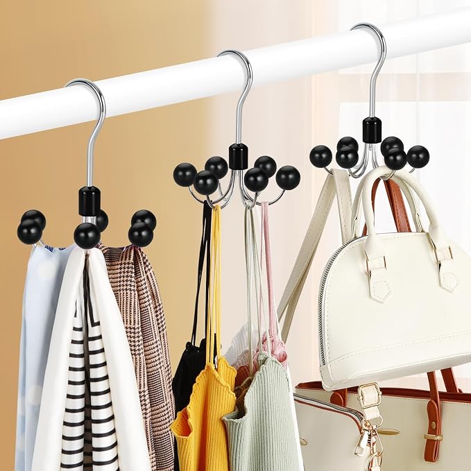 TOPIA HANGER Hoodie Hangers 2-Pack with 6 Wood Balls, 360°Swivel Purse Hanger, Scarf Hanger, Closet Hooks, Handbag Organizer, Bra Hanger, Accessory Organizers for Scarf, Tanktop, Hat, Hoodie CT43B - Image 3