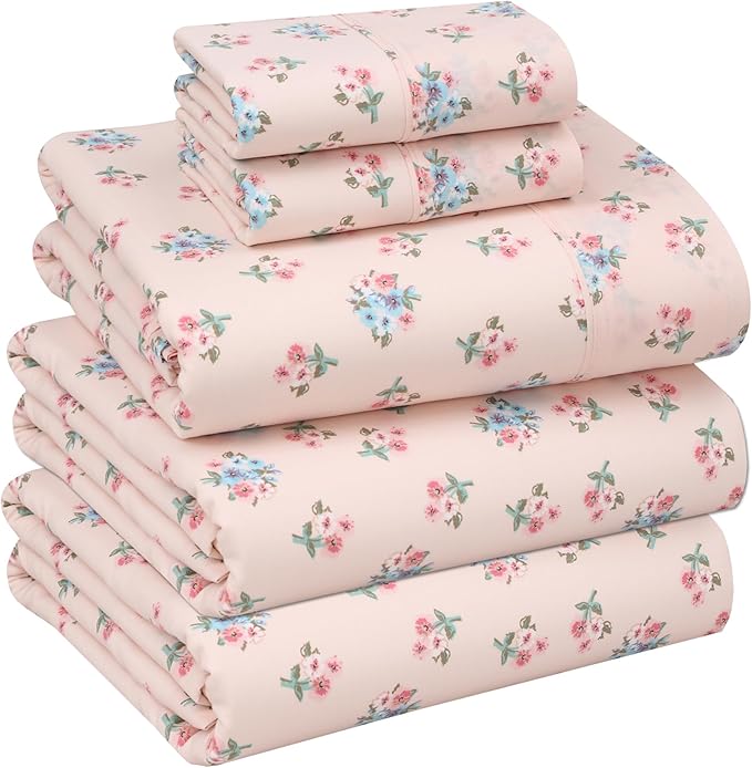 RUVANTI 100% Cotton Sheets – Split King Size Percale Bedding, Cooling & Breathable Floral Design, Durable with a Crisp, Soft & Comfortable Feel, 16" Deep Pocket, 5-Piece Set, Spring On