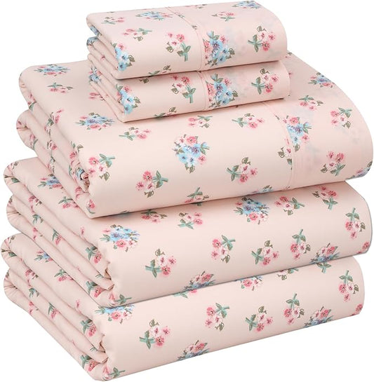 RUVANTI 100% Cotton Sheets – Split King Size Percale Bedding, Cooling & Breathable Floral Design, Durable with a Crisp, Soft & Comfortable Feel, 16" Deep Pocket, 5-Piece Set, Spring On