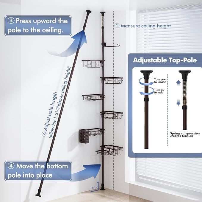 Vatex Corner Shower Caddy Tension Pole,Adjustable 30-120 Inch Bathroom Organizer Storage,Rustproof 6-Tier Shower Corner Shelves,Towel Rack, Toothbrush Holder, Soap Dish Organizers - Image 6