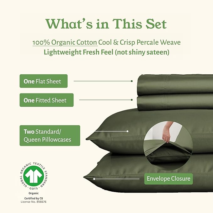 California Design Den Full Size Sheets Set - Soft 100% Organic Sheets with Deep Pockets, Crisp Percale, Breathable and Durable Bedding Set - Olive Green