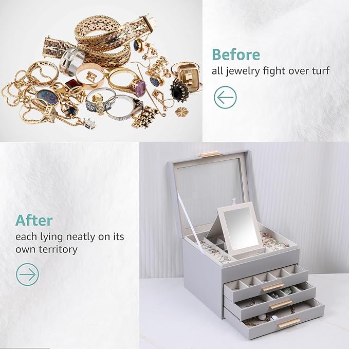 BOOVO Clear Lid Jewelry Box,4 Layers Jewelry Organizer Large Jewelry Storage Box with 3 Drawers,Jewelry Holder Organzier of Rings Earrings Necklace Bracelets for Women (Grey, 4 Layer) - Image 7