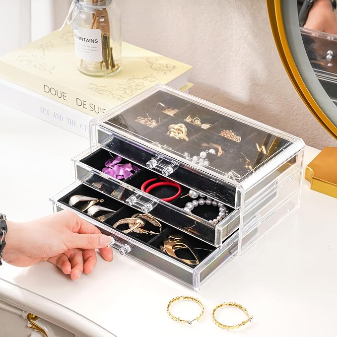 ProCase Earring Holder Organizer Jewelry Box with 3 Drawers, Acrylic Clear Earring Case with Adjustable Velvet Trays for Women - Black, 3 Layers - Image 3