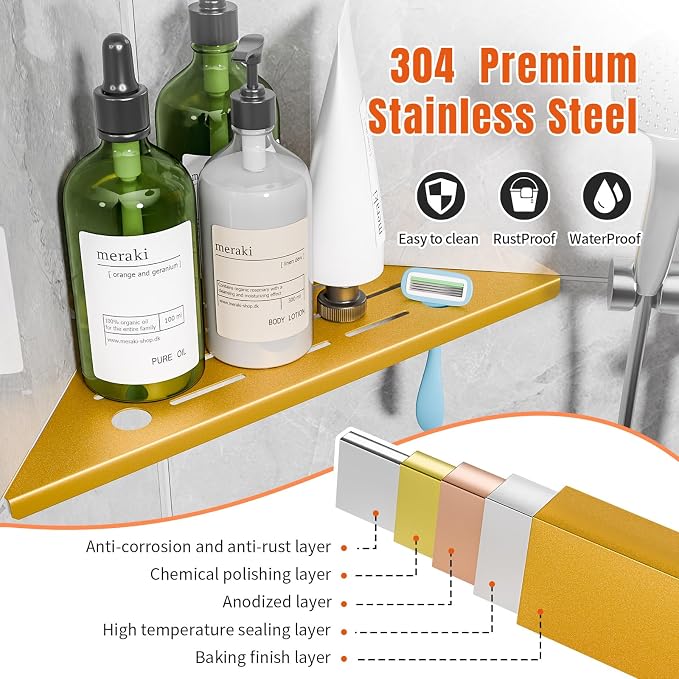 Shower Corner Shelf with Razor Hole,Modern Style Shower Caddy, Sturdy 304 Stainless Steel Shower Organizer,No Drilling Bathroom Corner Shelf for Tile Wall Gold 2 Pack-10 - Image 4