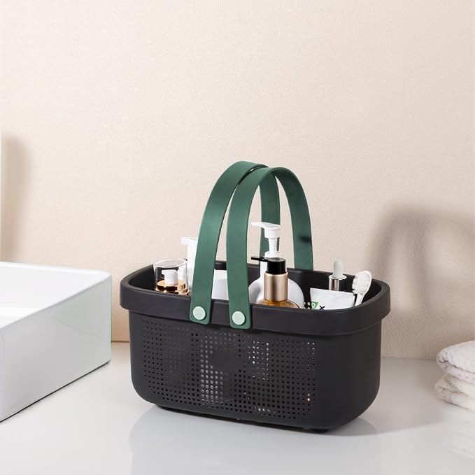 JiatuA Plastic Storage Basket with Handle Portable Shower Caddy Tote Organizer Basket Bin for Bathroom Kitchen Dorm Room Bedroom, Black Green - Image 2