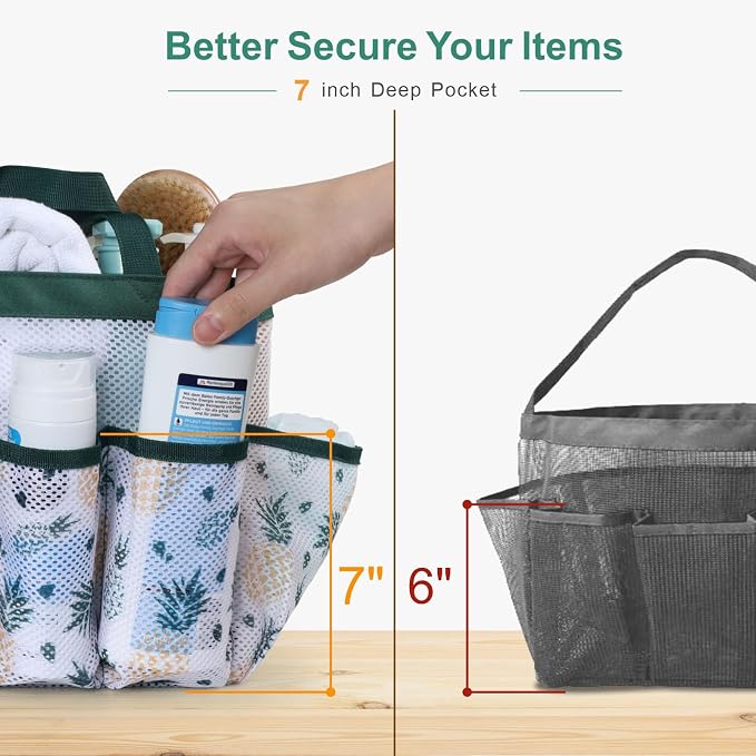 F-color Shower Caddy Portable - Mesh Shower Bag Basket Tote for College Dorm Room Essentials Bathroom Gym Camp Quick Dry for Women Men with S Hook, Green Pineapple - Image 4