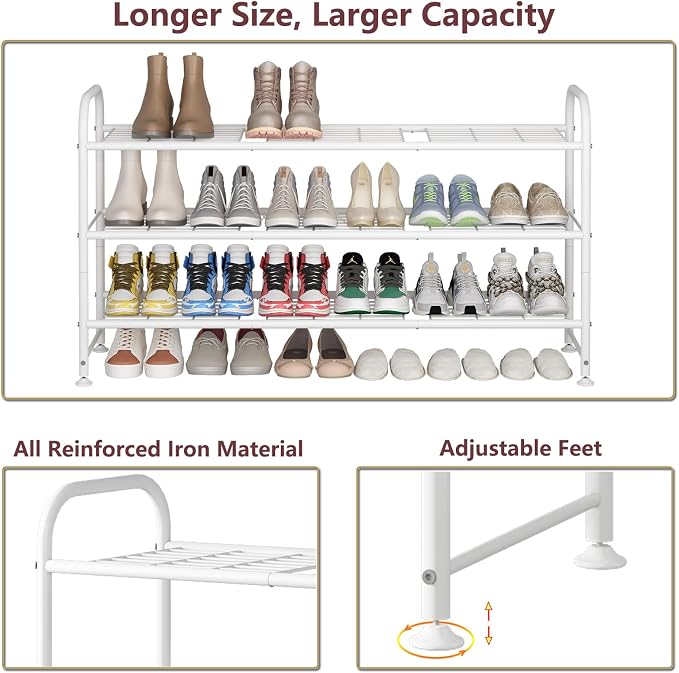 LINZINAR Shoe Rack Long 3 Tier Shoe Storage Organizer Metal Wide Shoe Shelf for Closet Entryway Bedroom 24 Paris Large Capacity, Black (White, 3-Tier) - Image 5