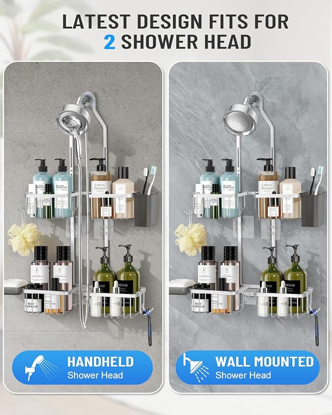 Adjustable Shower Caddy Hanging for Handheld Showerheads - Never Rust Shower Hanging Organizer, Upgraded Bathroom Shower Rack with Soap Basket, Hooks and Toothbrush Holder (Silver) - Image 3