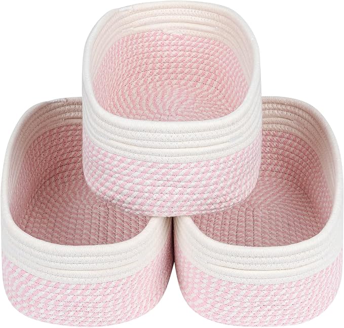 CubesLand Rectangle Organization/Storage Basket, Natural Cotton Rope Woven Baskets for Organizing, Small Basket for Kids, Baby Nursery, Cat Dog Toy Baskets, Organizer Bins for Shelves 3 Packs by CubesLand