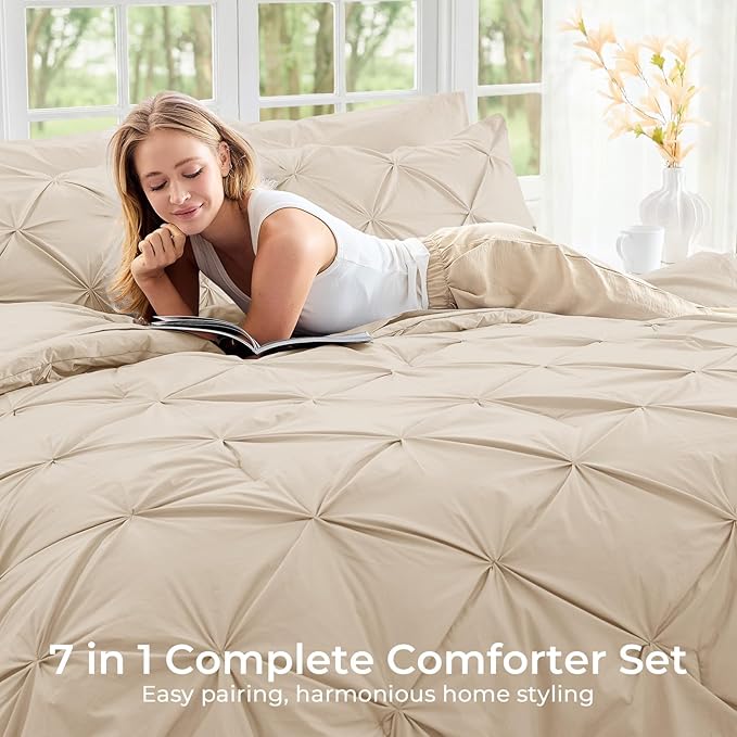 Sasttie California King Comforter Set, 7-Piece Bed in a Bag Cal King, Pintuck Bedding Set for All Season, Includes Comforter, Flat Sheet, Fitted Sheet, Pillowcases and Pillowshams, Warm Beige
