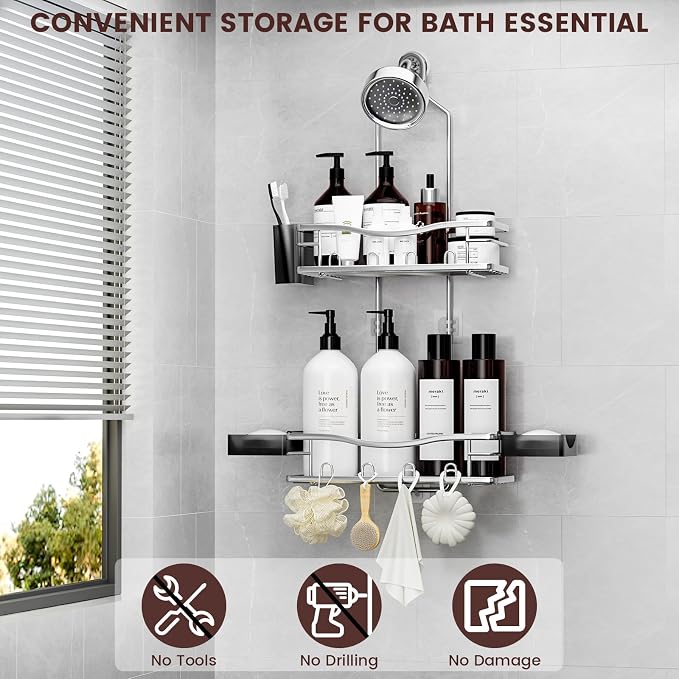 REINHARDT Shower Caddy Hanging, Rustproof Shower Caddy Anti-Swing Shower Organizer Over Showerhead No Drilling Shower Racks with Soap Holder Multi Hooks Bathroom Storage for Shampoo Sponge, Silver - Image 2