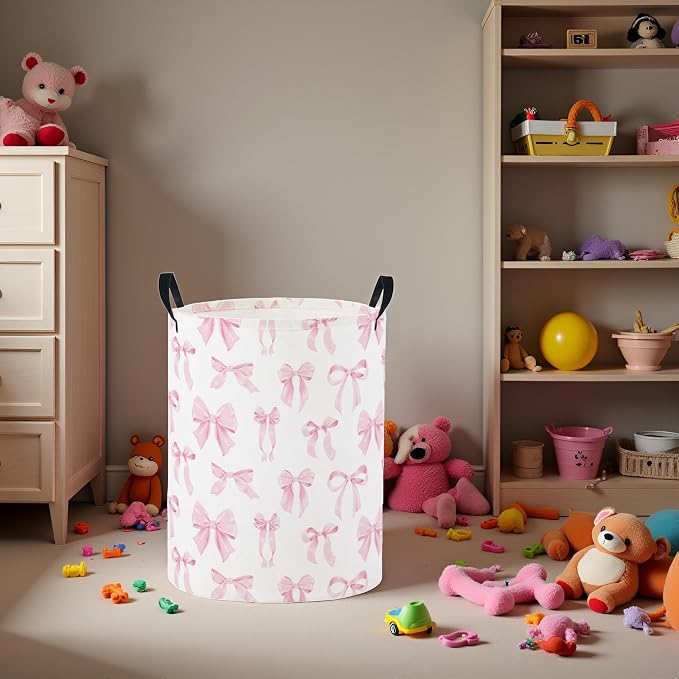 Baby Laundry Basket Baby Nursery Hamper Kids Laundry Basket Toy Storage Bin for Boys Room Decor Gift Baskets for Bedroom Bathroom(Pink Bowknot) - Image 5