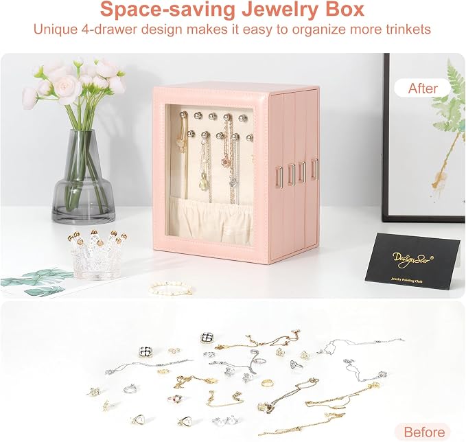 DesignSter Jewelry Box Organizer, Jewelry Box for Women, PU Jewelry Organizer Display Case with Side Drawers, Jewelry Storage for Earring Necklace Ring Bracelet Watch - Image 5
