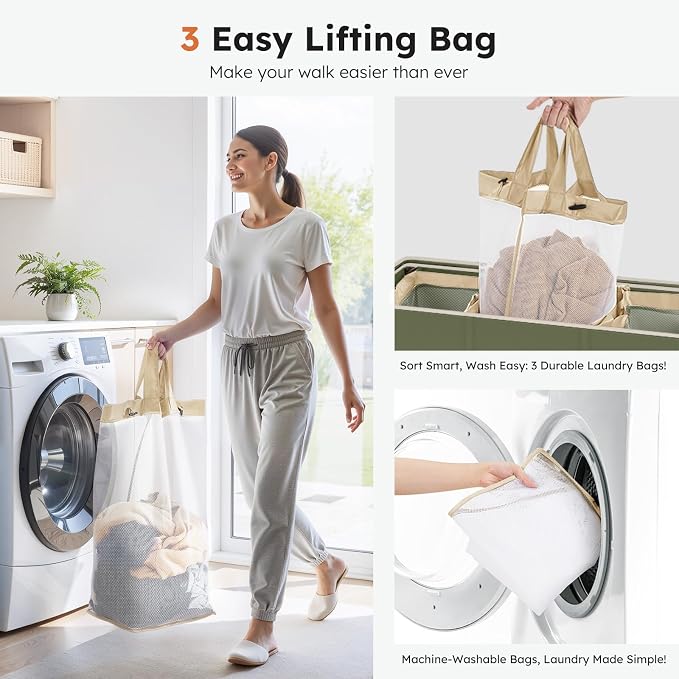 SOLEDI 180L 3-Section Laundry Hamper with Lid, Extra Large Dirty Clothes Basket with Sturdy Handles for Laundry Room & Bedroom - Durable Organizer for Sorting Laundry - Image 3