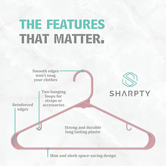 Sharpty Plastic Hangers Clothes Hangers for Clothing, Closet, Coats & Shirts - Durable & Space Saving - for Everyday Standard Use, Room Essentials & Basics - 20 Pack - Pink - Image 2