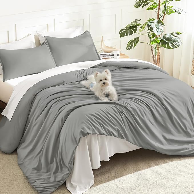 Litanika Comforters Medium Gray Full Size, 3 Pieces Lightweight Solid Bedding Set & Collections, All Season Fluffy Bed Set (79x90In Comforter & 2 Pillowcases)