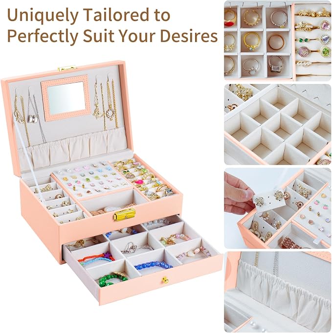 coobest Jewelry Box, 2 Layer Jewelry Organizer with Velvet Earring Organizer, Jewelry Holder Organizer Travel, White Jewelry Boxes for Women, Jewelry Boxes & Organizers for Girls, pink - Image 5