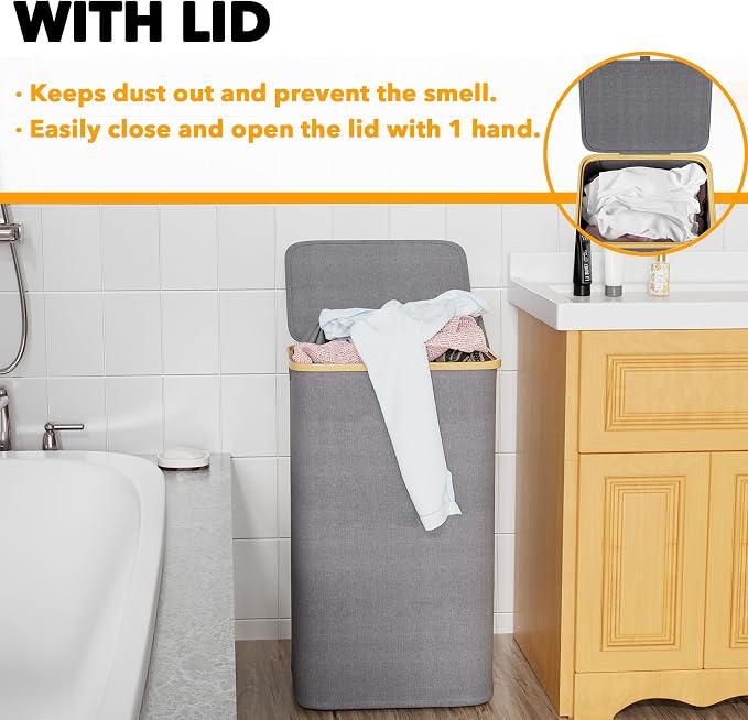 SpaceAid Laundry Hamper with Lid, 110L Large Tall Clothes Basket Bin with Bamboo Handles, Collapsible Laundry Hamper for Bedroom, Bathroom, Dorm, Laundry Room - Grey - Image 3