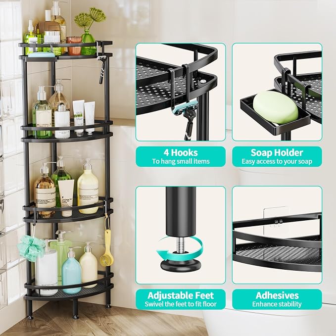 HapiRm Standing Corner Shower Caddy - 4 Tier Shower Organizer Corner with Soap Holder and 4 Hooks, Rustproof Bathroom Storage Shelves with Adhesives, Black - Image 3