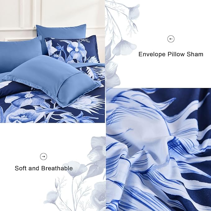 Luxudecor Floral Comforter Set Full Size 7 Piece, Navy Blue Flower Bed in a Bag, Elegant Floral Comforter with Sheet Set, Soft Microfiber Bedding Set for All Season (Navy Blue, 80"x90")