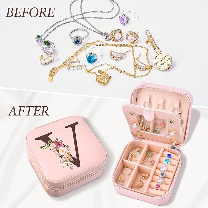 Small Travel Jewelry Case for Women, Initial Travel Jewelry Case Box Organizer Personalized Gifts, Fashion Travel Essentials Trendy Stuff for Teen Girls, Pink V - Image 5