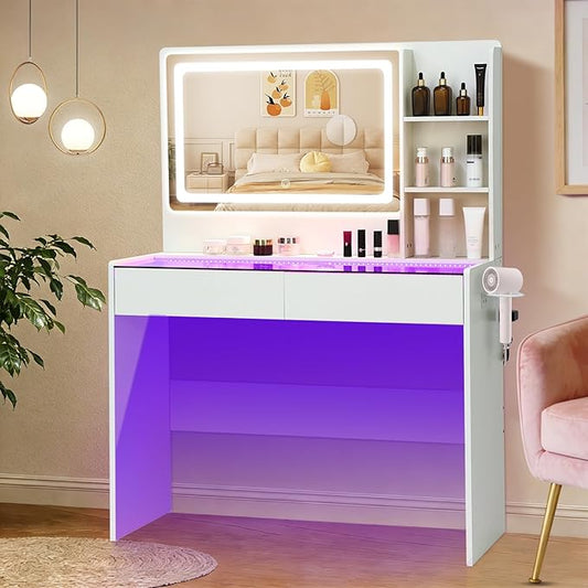 Vanity Desk,Makeup Vanity Desk with Mirror and Lights,Transparent Top with LED Multiple Color Lights,Mirror 3 Color Modes 2 Drawers,Power Outlet,Dressing Table for Girls Bedroom,White