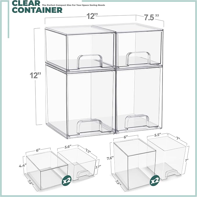 Sorbus Stackable Acrylic Storage Drawers, 4 Pack Clear Plastic Organizer Bins for Baby Bottles, Makeup, Bathroom, Vanity & Countertop Organization, Pull-Out Drawer Design for Cabinets & Pantry - Image 3