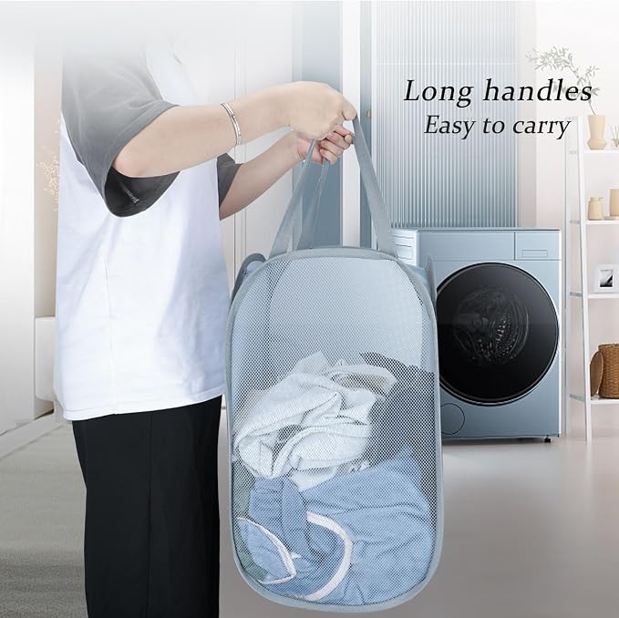 Upgraded 100L Extra Large Collapsible Laundry Baskets, 2 Pack XL Mesh Pop Up Laundry Hamper with Handles, Portable Travel Laundry Basket, Foldable Hamper. Grey. 2V - Image 6