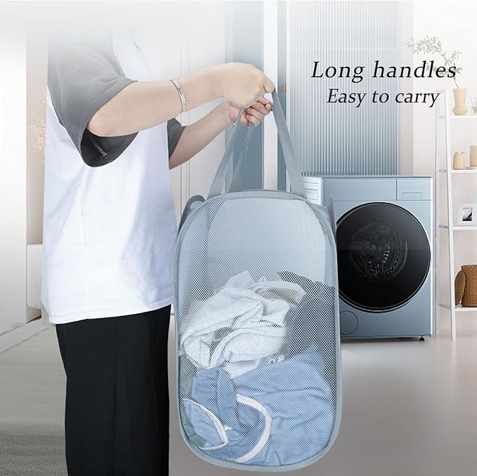 Upgraded 100L Extra Large Collapsible Laundry Hampers. Pop Up Laundry Basket Mesh with Pocket, Fold Compact, Large Hold Portable Travel Laundry Bag for Dorm Storage Bin, Grey. V - Image 6
