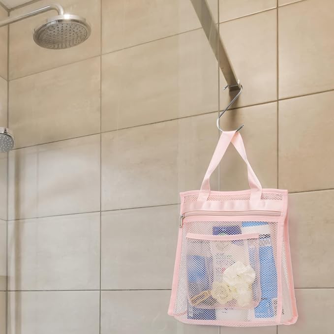F-color Mesh Shower Caddy Portable Hanging - 3 Pockets Small Shower Bag Tote with Zipper Closure for Camping, Gym Lockers, Travel, Toiletry, Quick Dry Bathroom Essentials with S Hook, Pink - Image 8