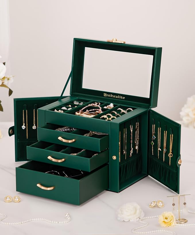 Enthralite Jewelry Box with 3 Drawers: Display Organizer for Earrings Necklaces - Gifts for Girls Women (Forest Green) - Image 7