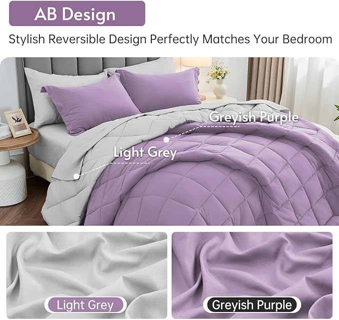 MUXHOMO 7 Pieces King Comforter Set, Reversible Bed in a Bag King Size, All Season Bedding Set with Comforter, Flat Sheet, Fitted Sheet, Pillowcases & Shams, Greyish Purple & Light Grey