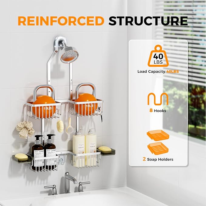 REINHARDT Aluminum Shower Caddy Hanging Adjustable Shower Caddy, Rustproof Hanging Shower Organizer with Hooks Soap Holders, Over Shower Head Caddy for Handheld Showerhead, Silver - Image 4