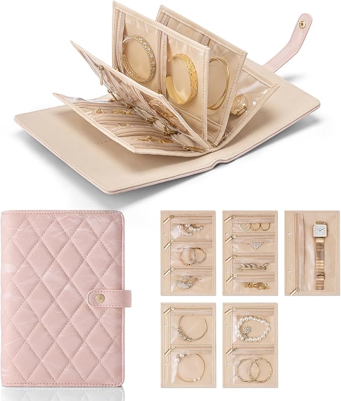 VLANDO Travel Jewelry Organizer Case,Jewelry Storage Book Ring Binder with Clear Zipper Velvet Pouch Bag for Travel Essentials,Rings,Necklace,Earrings,Bracelets,Brooches,Gifts for Women-Sand Pink by VLANDO