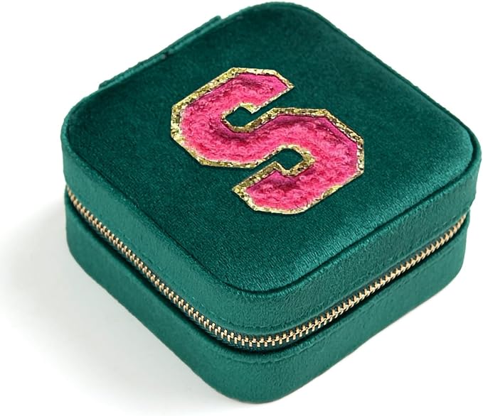 Personalized Velvet Travel Jewelry Case Box For Women Ring Necklace Earring Holder Organizer with Mirror Green Girls Box Birthday Gifts Mom Initial S - Image 7