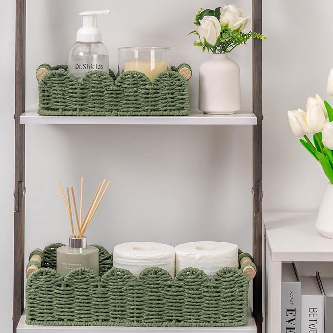 CubesLand Scalloped Edge Decor Baskets for Home, Living Room, Toilet Paper Storage Basket for Over Toilet Shelf, End Table,Shelves and More, Small Paper Rope Baskets Both Storage&Decor, Set 2 Green - Image 8