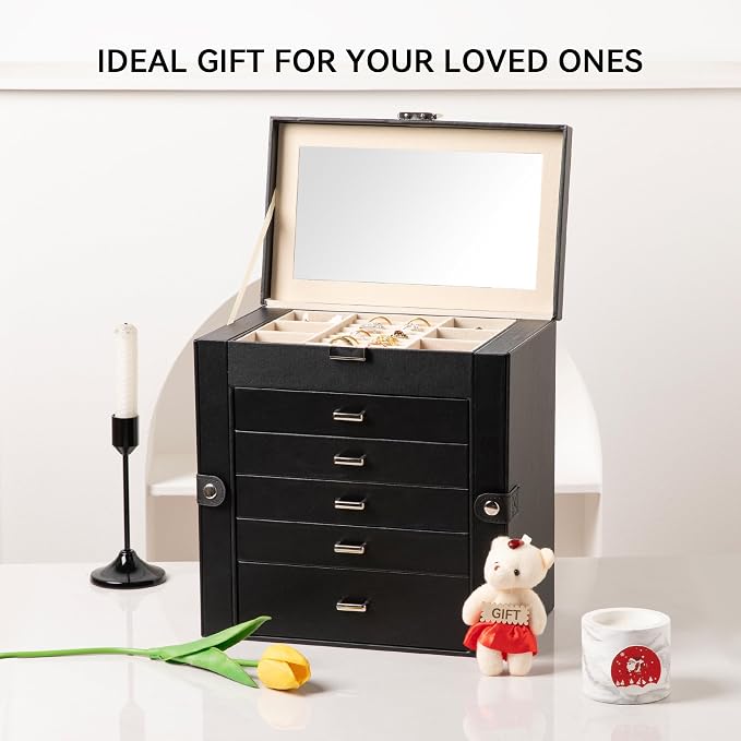 Frebeauty Large Jewelry Box,6-Tier PU Leather Jewelry Organizer,Multi-functional Storage Case with Mirror,Accessories Holder with 5 Drawers for Necklace Bracelets Watches(Black) - Image 7
