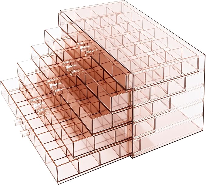 Clear Pink Acrylic Jewelry Storage Box, Earring Jewelry Organizer with 5 Drawers, 5-Layer Jewelry Box for Women, Earring Display Holder for Earrings Ring Bracelet Necklace, 120 Grid Storage Box - Image 3