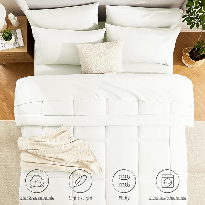 CozyLux King Size Comforter Set Ivory, 7 Pieces Bed in a Bag, Ivory Comforter King Size, Bedding Sets with All Season Quilted Comforter, Flat Sheet, Fitted Sheet, Pillowcases