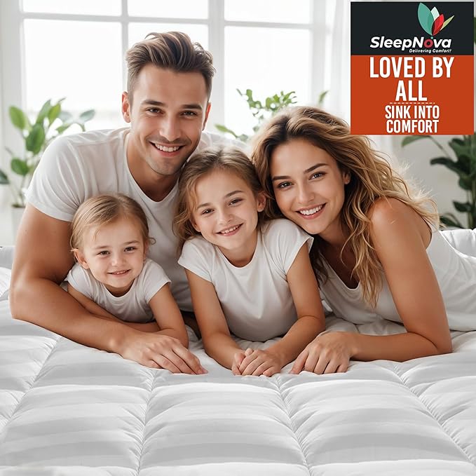 SLEEPNOVA's Cooling Mattress Topper Queen Size Bed – 100% Cotton Pillow Top That Keeps You Cool, Relieves Back Pain & Adds Cloud-Like Comfort with Deep Pocket Fit (8”-21”), Soft & Machine Washable