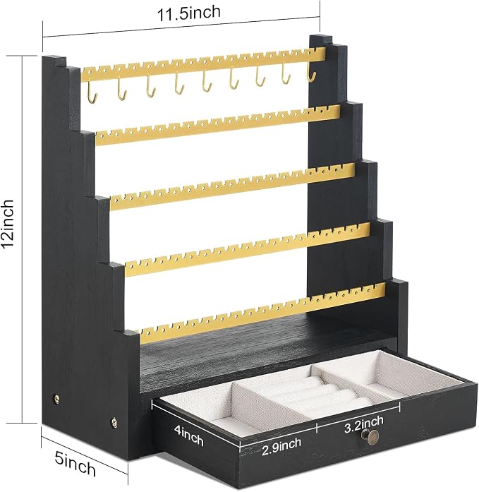 Pinzoveco Earring Organizer, 5 Layer Earring Holder Organizer with Metal Necklace Holder Pole, Rustic Wood Jewelry Organizer Stand Display for Stud Earring Bracelet Necklace Ring, 175 Earring Holes - Image 3