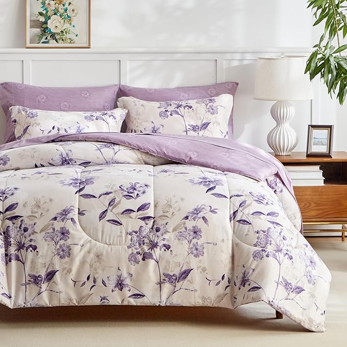AIKASY 7-Piece King Size Bed in a Bag Comforter Set - Lilac Purple Floral Ensemble with Reversible Botanical Flowers Comforter, Sheets, Pillowcases & Shams