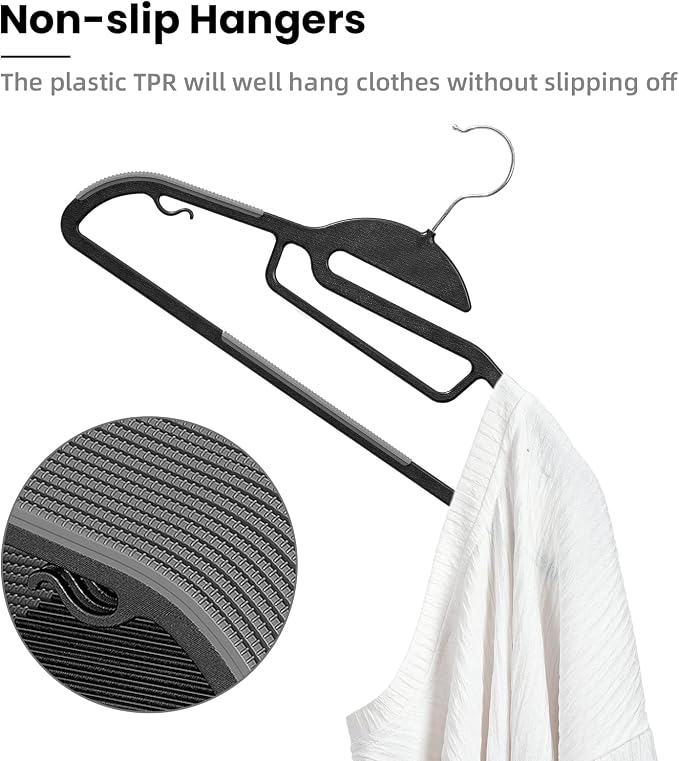 Heavy Duty Plastic Hangers 50 Pack with Non-Slip Design,0.2 Inches Thick,360°Swivel Hook Space Saving Organizer for Bedroom Closet,Shirts,Pants,Strong Enough for Coat(Black- S Shaped) - Image 3