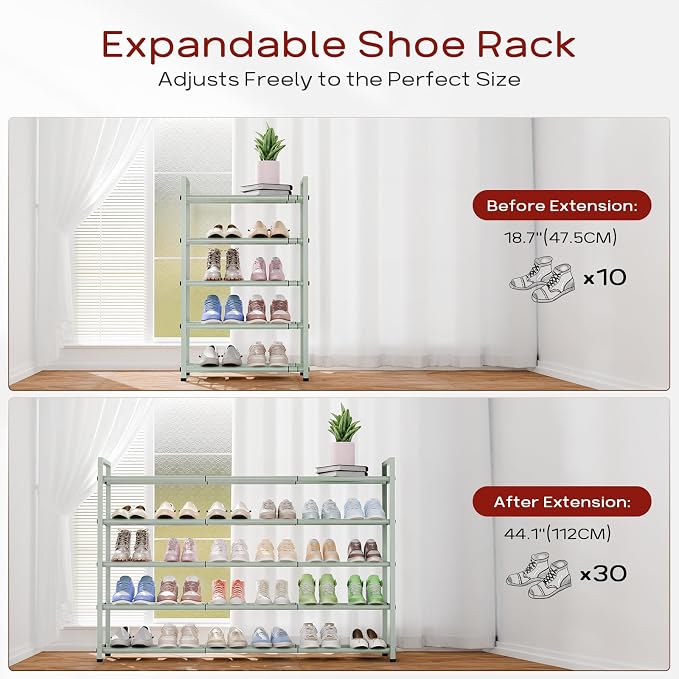 Bumusty 5-Tier Long Expandable Shoe Rack for Closet, 18"-44" Adjustable Shoe Rack for Entryway, 25-30 Pairs Large Shoe Organizer Shelf Storage, Sturdy Metal, Green - Image 4