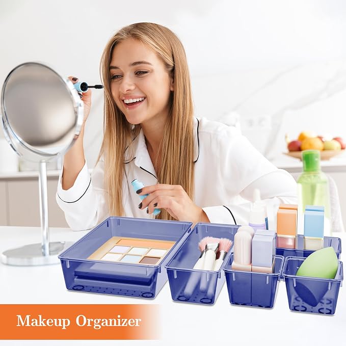 SpaceHacks 25 PCS Plastic Drawer Organizer Set, 4-Size Versatile Organizer Trays & Storage Bins for Makeup, Jewelry, and Gadgets in Bathroom, Bedroom and Office,Dark Blue - Image 5