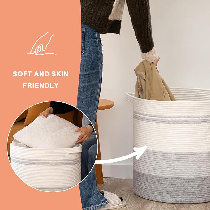 OIAHOMY 80L Laundry Hamper with Handles,Decorative Basket for Living room,Woven Storage Basket for Toys Bin,Pillows, Blankets,Clothes-20x18in-Gradient Gray - Image 6