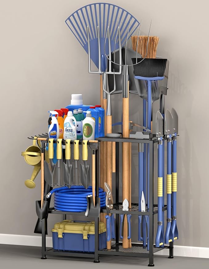 Garden Tool Organizer, Metal Yard Tool Organizer,Holds 70 Long-Handled Tools/Rakes/Brooms,Side Garden Pocket,Heavy Duty Steel Yard Tool Storage Rack for Garage,Shed, Outdoor(Black-Large) by Lovind