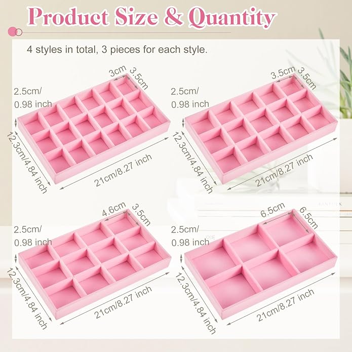 Junkin 12 Pcs Jewelry Tray Velvet Stackable Jewelry Organizer Trays Divided Earring Accessories Storage Containers Box (Rose Red) - Image 2