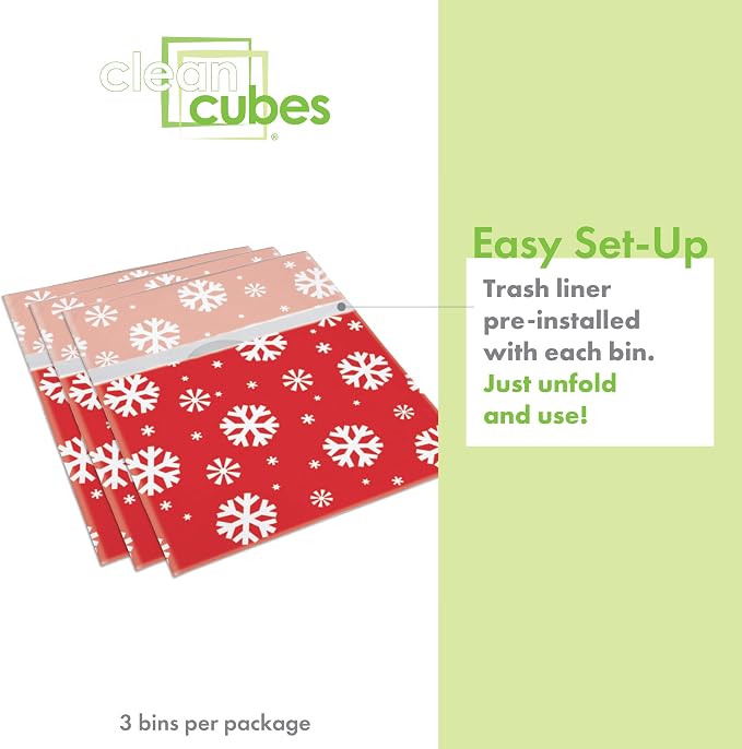 Clean Cubes 13 Gallon Disposable Pop-Up Trash Cans (3-Pack) with Fitted Bags – Foldable Garbage & Recycling Bins for Parties, Events & Kitchen (Snowflake, 17" H x 13.5" W x 10" D) - Image 3